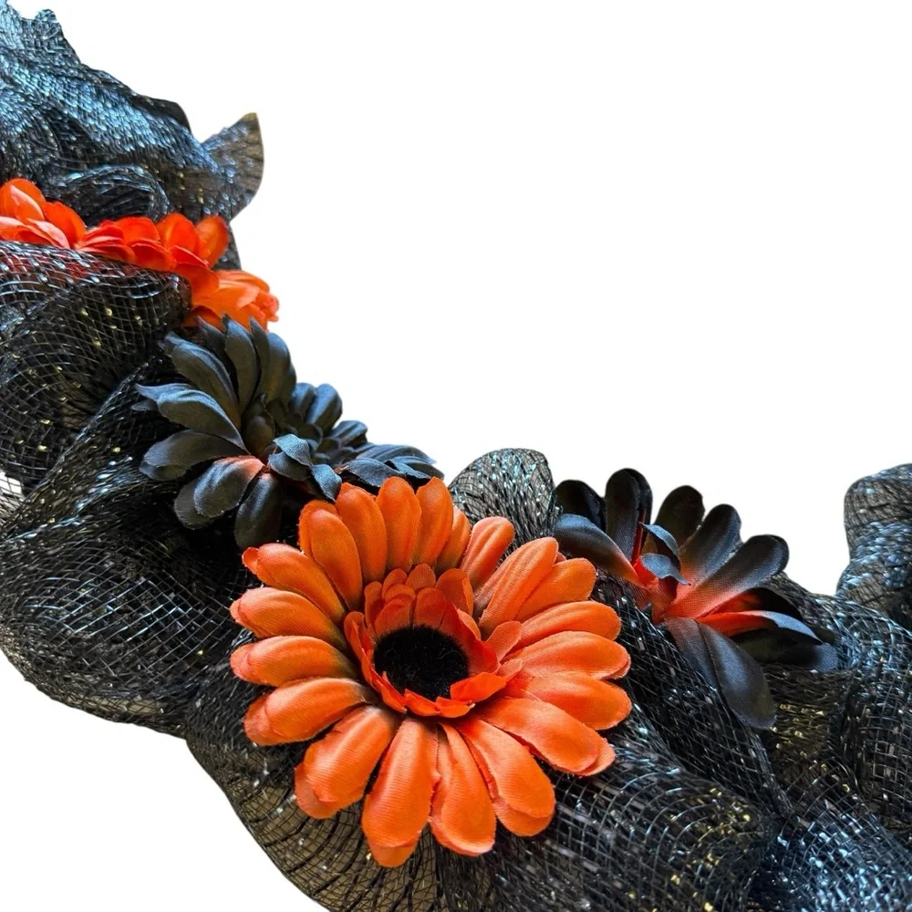Halloween Black Mesh Wreath with Jack Skellington Figurine & Orange Flowers – 22